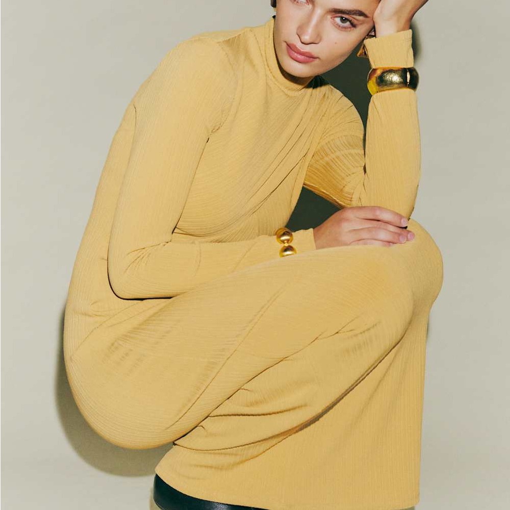 NWT reformation Mallorie Knit Ribbed Long Sleeve Mock Neck Dress Mustard Yellow